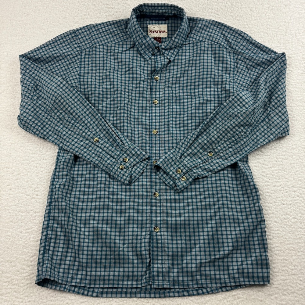 Simms Shirt Mens Medium Blue White Check Plaid Gorpcore Outdoor Fishing